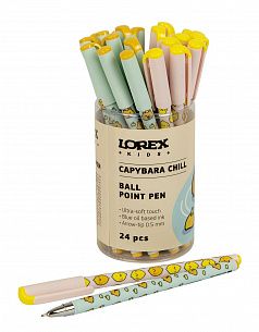 Ручка шариковая на масляной основе LOREX KIDS CAPYBARA CHILL Slim Soft синяя 0,5 мм, ассорти круглый корпус, покрытие ultra-soft touch, игол
