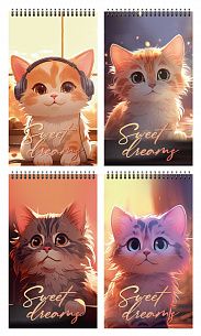 Блокнот А7 40 л. клетка Schoolformat ЛОУ-ФАЙ КОТЫ на гребне, мелованный картон, сплошной Уф-лак