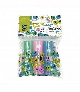 Набор ластиков Schoolformat СМАЙЛ ПВХ 55х16х16 мм цилиндрический, ассорти, мягкий, индивидуальный ШК, 3 шт в пакете