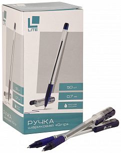 Ручка шариковая LITE GRIP синяя 0,7 мм, прозрачный круглый корпус, грип, игольчатый наконечник
