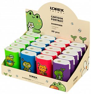 Точилка LOREX KIDS CARTOON PORTRAIT с контейнером и ластиком, ассорти, корпус пластик, 1 отверстие, в дисплее
