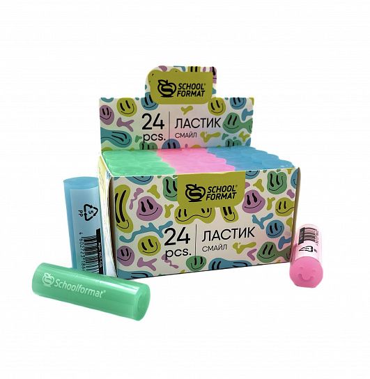 Ластик Schoolformat СМАЙЛ ПВХ 55х16х16 мм цилиндрический, ассорти, мягкий, индивидуальный ШК