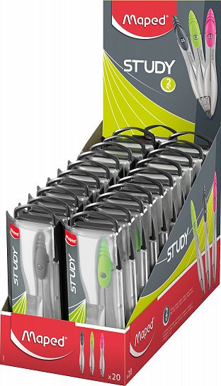 Циркуль MAPED STUDY из цинкового сплава, с эргономичной головкой, с грифелем, в пластиковом футляре, в комплекте пенал с доп грифелем, сереб