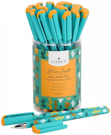 Ручка шариковая на масляной основе LOREX COLOR EXPLOSION.CACTUS Slim Soft синяя 0,5 мм, бирюзовый круглый корпус, покрытие ultra-soft touch,