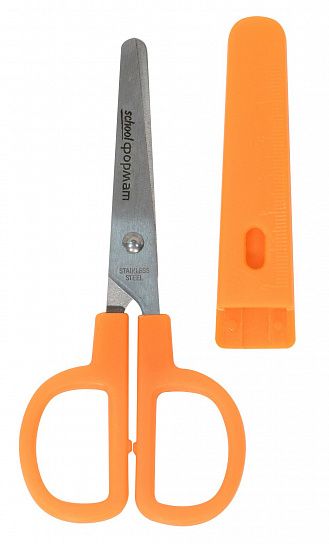 Ножницы школьные Schoolformat ЛИНЕЙКА безопасные 135 мм, ручки пластиковые оранжевые с футляром с линейкой
