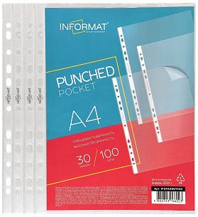 Файлы INFORMAT А4 30 мкм прозрачные, гладкие, 100 шт