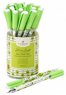 Ручка шариковая на масляной основе LOREX FOOD ADDICTION.AVOCADO Slim Soft синяя 0,5 мм, бело-зеленый круглый корпус, покрытие ultra-soft touch