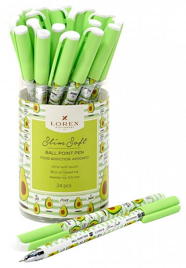 Ручка шариковая на масляной основе LOREX FOOD ADDICTION.AVOCADO Slim Soft синяя 0,5 мм, бело-зеленый круглый корпус, покрытие ultra-soft touch