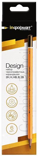 Набор чернографитных карандашей деревянные INFORMAT DESIGN 6 шт 2В-2Н заточенные, шестигранные, картонная коробка с европодвесом