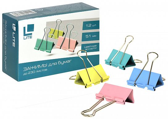 Зажим для бумаг LITE 51 мм ассорти, металл, 1 шт