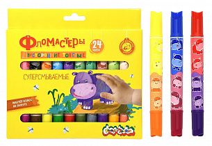 Фломастеры Каляка-Маляка утолщенные классические 24 цв. круглый корпус, суперсмываемые, двухсторонние, принт на корпусе, картонная упаковка