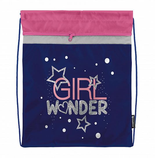 Мешок для обуви Schoolformat GIRL WONDER 42х34 см, синий, 1 отделение, с большим карманом на молнии, для девочек