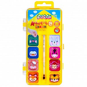 Акварель Каляка-Маляка ЗВЕРЯТА В ДОМИКЕ 24 цвета, с кистью, пластиковая упаковка с европодвесом