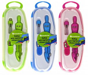 Набор чертежный (готовальня) Schoolformat КЛАССНЫЙ циркуль 135 мм металлический ассорти, 3 предмета, защит. колпачок, в пластиковом пенале с европодвесом