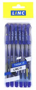 Набор шариковых ручек Linc Glycer синие, 1 цвет, 0,7 мм, 6 шт, круглый корпус, грип, игольчатый наконечник