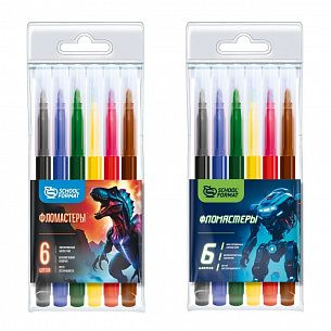 Фломастеры Schoolformat МИКС ДЛЯ МАЛЬЧИКОВ классические 6 цв. круглый корпус, смываемые, блистер