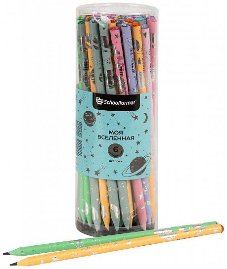 Карандаш чернографитный пластиковый Schoolformat МОЯ ВСЕЛЕННАЯ НВ заточенный, круглый, тонированный корпус, фольга, со стразом, тубус
