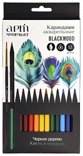 Набор акварельных карандашей АРТформат Blackwood 12 цв. трехгранные, деревянные, супермягкий грифель,с кистью, в картонной упаковке