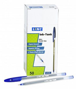 Ручка шариковая Linc INK TANK синяя 0,6 мм, прозрачный круглый корпус, игольчатый наконечник