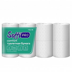 Бумага туалетная 2 сл. SoffiPRO COMFORT, намотка 15 м 8 шт/упак белый 124 л. целл. Бытовое