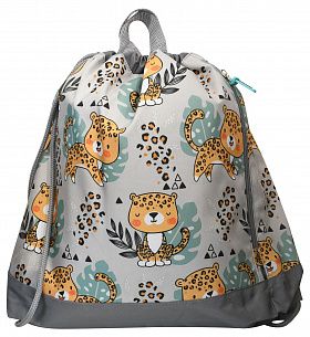 Мешок для обуви Каляка-Маляка ЛЕОПАРД 38x35x6 см, серый, 1 отделение, с большим карманом на молнии, с ручками универсальный