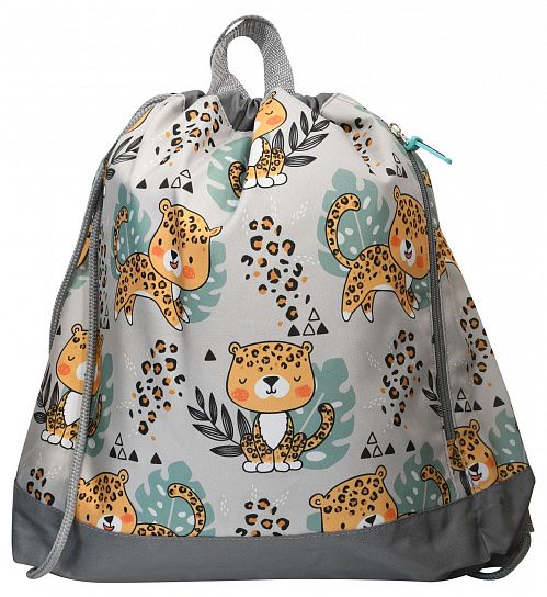 Мешок для обуви Каляка-Маляка ЛЕОПАРД 38x35x6 см, серый, 1 отделение, с большим карманом на молнии, с ручками универсальный