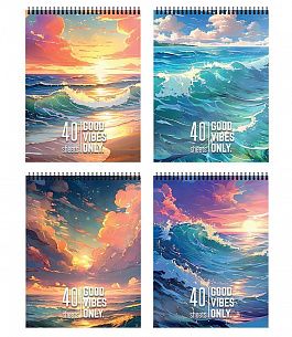 Блокнот А6 40 л. клетка Schoolformat БЕРЕГ МОРЯ на гребне, мелованный картон, сплошной Уф-лак