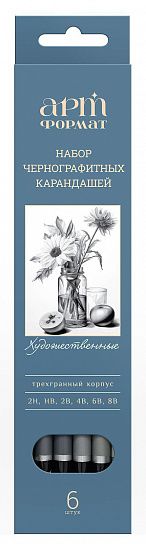 Набор чернографитных карандашей деревянные АРТформат 6 шт 2Н-8В заточенные, трехгранные, картонная коробка с европодвесом