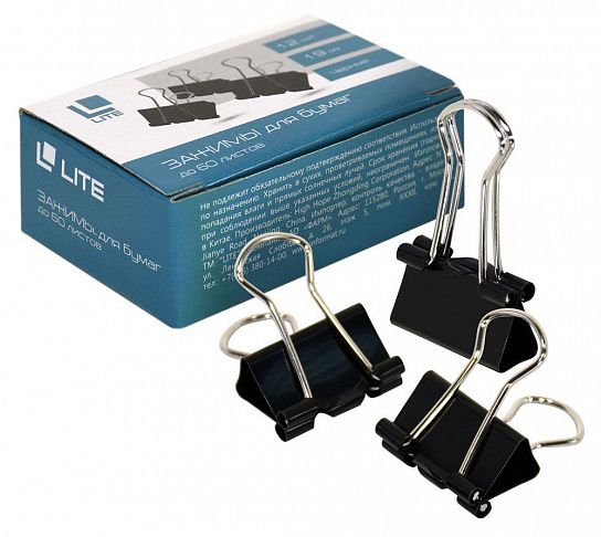 Зажим для бумаг LITE 19 мм черный, металл, 1 шт