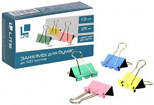 Зажим для бумаг LITE 25 мм ассорти, металл, 1 шт