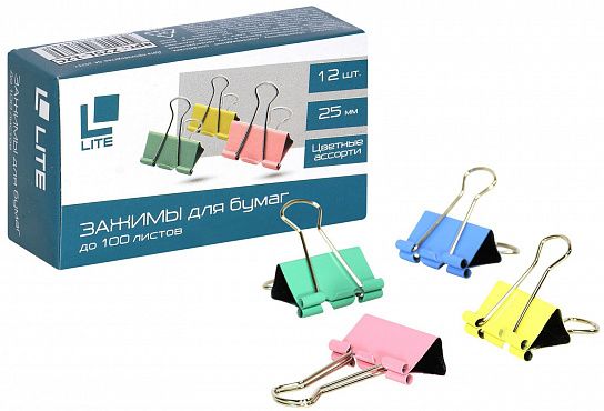 Зажим для бумаг LITE 25 мм ассорти, металл, 1 шт