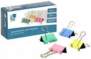 Зажим для бумаг LITE 32 мм ассорти, металл, 1 шт