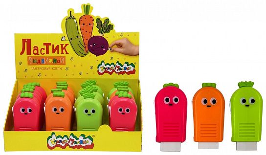 Ластик Каляка-Маляка МОРКОВКИ, термопластичная резина, 40х78х78 мм фигурный, белый, мягкий, с пластиковым держателем, индивидуальный ШК