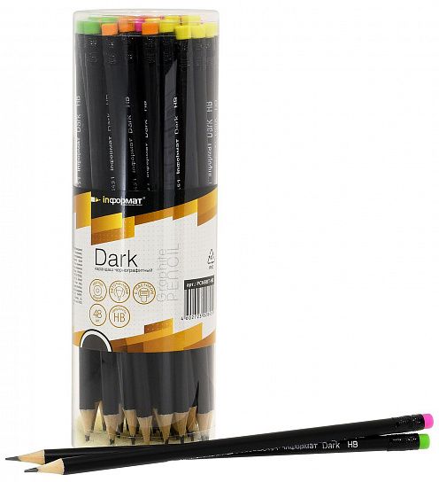 Карандаш чернографитный деревянный INFORMAT Dark НВ с ластиком, заточенный, круглый, принт на корпусе, тубус