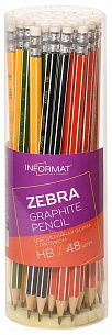 Карандаш чернографитный деревянный INFORMAT Zebra НВ с ластиком, заточенный, шестигранный, принт на корпусе, тубус