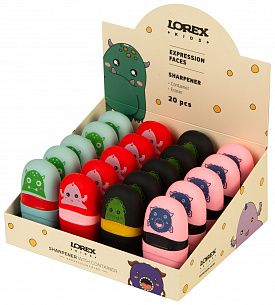 Точилка LOREX KIDS EXPRESSION FACES с контейнером и ластиком, ассорти, корпус пластик, 1 отверстие, в дисплее