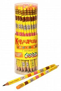 Карандаш чернографитный деревянный Каляка-Маляка МУЛЬТИКИ НВ с ластиком, заточенный, трехгранный, принт на корпусе, тубус