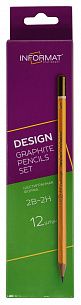 Набор чернографитных карандашей деревянные INFORMAT DESIGN 12 шт 2В-2Н заточенные, шестигранные, картонная коробка с европодвесом