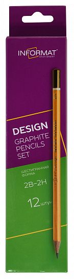 Набор чернографитных карандашей деревянные INFORMAT DESIGN 12 шт 2В-2Н заточенные, шестигранные, картонная коробка с европодвесом