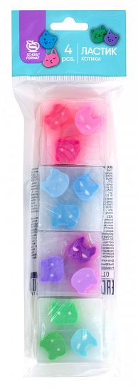 Набор ластиков Schoolformat КОТИКИ, ПВХ, 34х34х14 мм прямоугольный, ассорти, мягкий, 4 шт в пакете