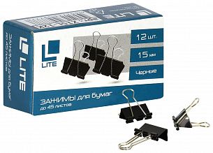 Зажим для бумаг LITE 15 мм черный, металл, 1 шт