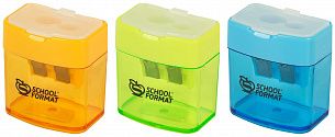 Точилка Schoolformat КУБИК с контейнером, ассорти, корпус пластик, 2 отверстия, в дисплее