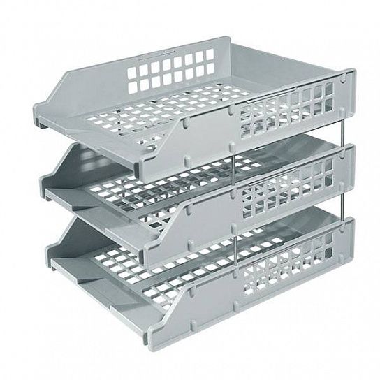 Лоток горизонтальный для бумаг Стамм Strong серый пластик, 3 отделения