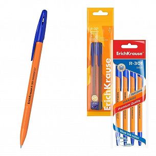 Набор шариковых ручек ErichKrause R-301 Stick Orange синие, 1 цв., 0,7 мм, 4 шт, шестигранный корпус, глянцевое покрытие