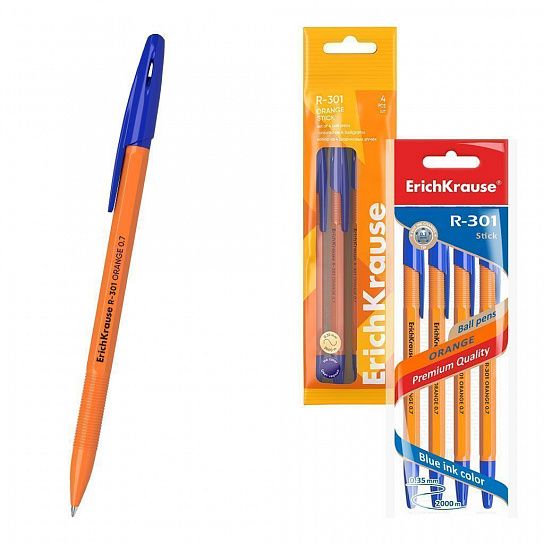 Набор шариковых ручек ErichKrause R-301 Stick Orange синие, 1 цв., 0,7 мм, 4 шт, шестигранный корпус, глянцевое покрытие
