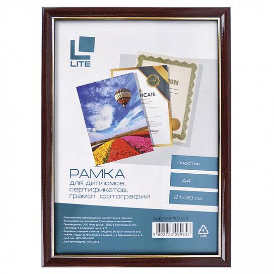 Фоторамка А4 LITE 21х30 см рамка пластик темный орех с позолотой, вставка стекло