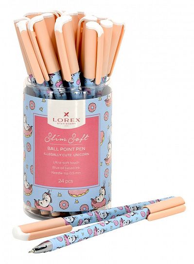 Ручка шариковая на масляной основе LOREX ILLEGALLY CUTE.UNICORN Slim Soft синяя 0,5 мм, бежевый круглый корпус, покрытие ultra-soft touch
