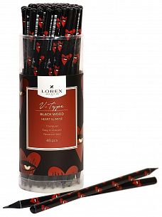 Карандаш чернографитный деревянный LOREX V-TYPE BLACK WOOD HEART GLIMPSE НВ заточенный, трехгранный, принт на корпусе, тубус