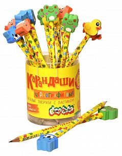 Карандаш чернографитный деревянный Каляка-Маляка НВ с ластиком, заточенный, шестигранный, принт на корпусе, тубус