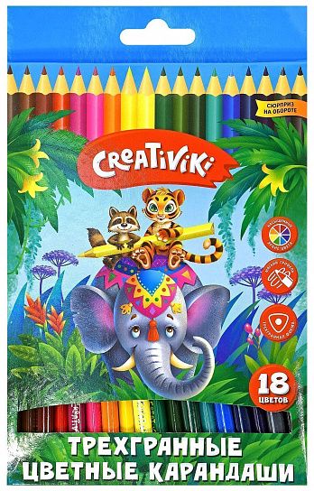 Набор цветных карандашей Creativiki 18 цв. трехгранные, деревянные, в картонной упаковке